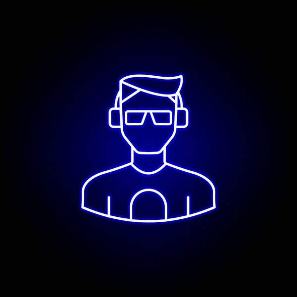 Avatar DJ esquema icono en estilo de neón azul. Signos y símbolos se pueden utilizar para la aplicación móvil logotipo web UI UX — Vector de stock