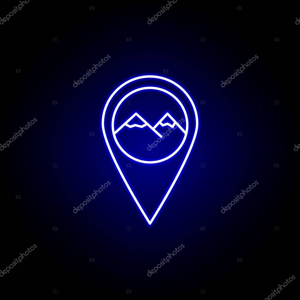 Pin geolocation mountain line icon in neon style. Element of winter sport illustration. Signs and symbols icon can be used for web, logo, mobile app, UI, UX on black background