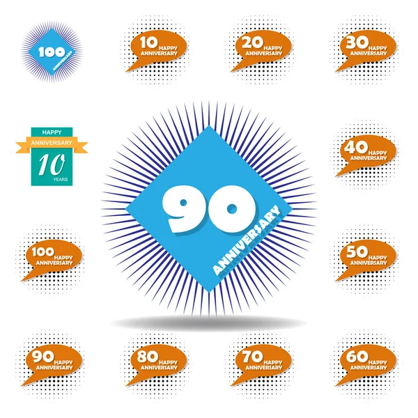 90 tahun ikon berwarna-warni. Set ulang tahun ikon ilustrasi. Tanda-tanda, simbol dapat digunakan untuk web, logo, aplikasi seluler, UI, UX - Stok Vektor