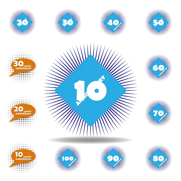 10 tahun ikon berwarna-warni. Set ulang tahun ikon ilustrasi. Tanda-tanda, simbol dapat digunakan untuk web, logo, aplikasi seluler, UI, UX - Stok Vektor