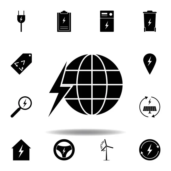 Mundo, global, icono del rayo. Conjunto de iconos de ilustraciones de energía alternativa. Puede ser utilizado para web, logotipo, aplicación móvil, interfaz de usuario, UX — Vector de stock