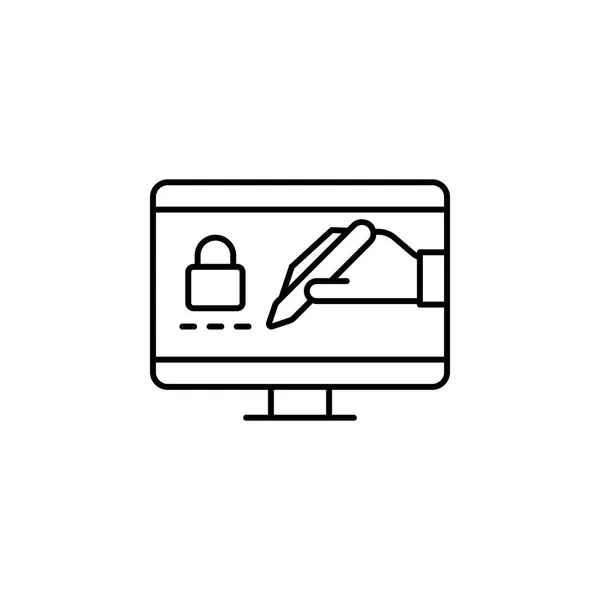 Firma digital, icono de línea de monitor sobre fondo blanco — Vector de stock
