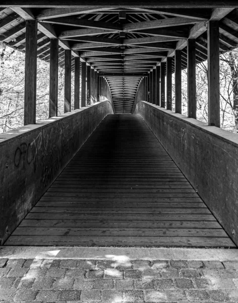 Деревянный мост в городском лесу Франкфурта, нерешительность, Германия — стоковое фото