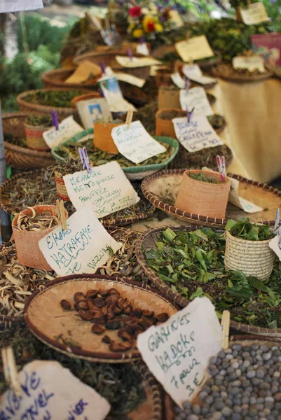 market stand with spices and herbes  in saint paul on la reunion
