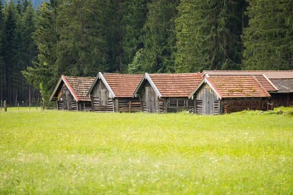 ミッテンヴァルト近郊の緑の牧草地にある山のパノラマと木造住宅を眺め — ストック写真