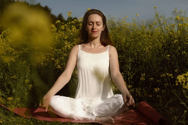 Güzel kız huzurlu doğa atmosferinde yoga uygulamaları