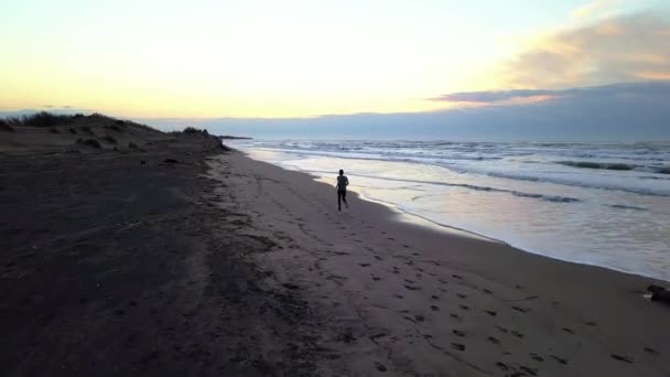 Panorámica Aérea Con Dron Joven Atractivo Trotando Playa Amanecer Ejecutar — Vídeo de stock