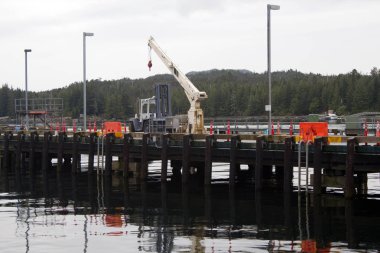 Ketchikan'da bulutlu bir günde rıhtımda bir vinç
