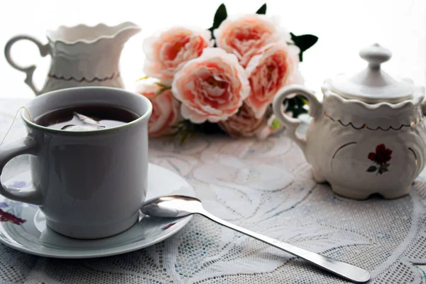Xícara Chá Chá Definir Algumas Flores — Fotografia de Stock