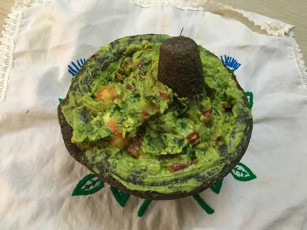 Tradiční Mexická Guacamole Kamenné Molcajete — Stock fotografie