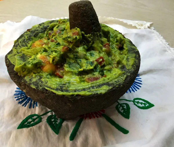 Guacamole Mexicano Tradiccional Molcajete Pedra — Fotografia de Stock