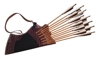 Geleneksel Okçuluk siyah ahşap deri titreme ok at yay Türk beyaz izole arka planda