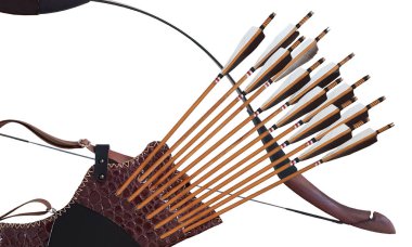 Geleneksel Okçuluk siyah ahşap deri titreme ok at yay Türk beyaz izole arka planda