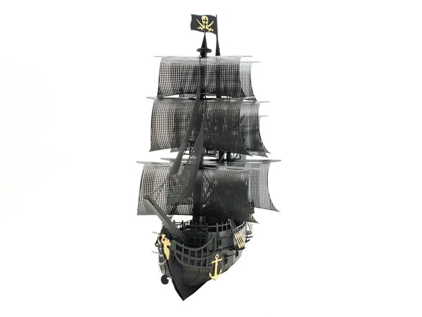 Классическая Модель Корабля Золотого Чёрного Цвета Пиратскими Флагами Белом Утепленном — стоковое фото