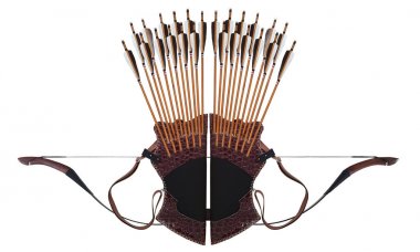 Geleneksel Okçuluk Siyah Ahşap Deri Quiver Ok At Fiyonk Türkçe Beyaz İzole Arka Plan - Resim 