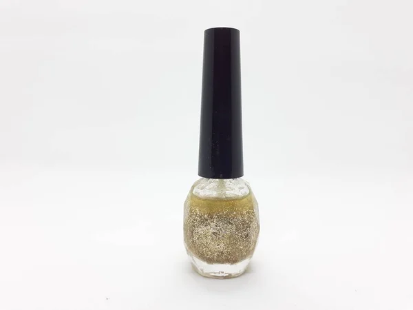 Glitter Botella Material Tratamiento Para Colorear Uñas Dedo Amarillo Fondo — Foto de Stock