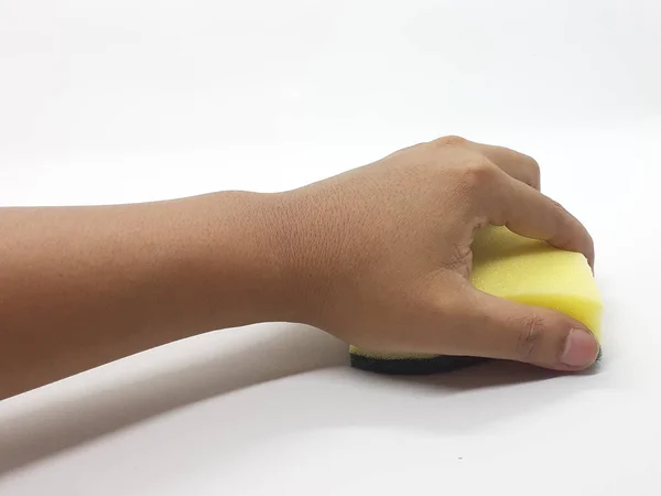 Human Hand Holding Cleaning Sponge Washing Dishes White Isolated Background — Stock Photo, Image