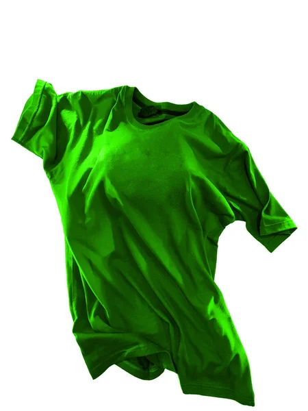 Camisa Verde Flutuante Água Vento Isolado Fundo Branco Imagem — Fotografia de Stock