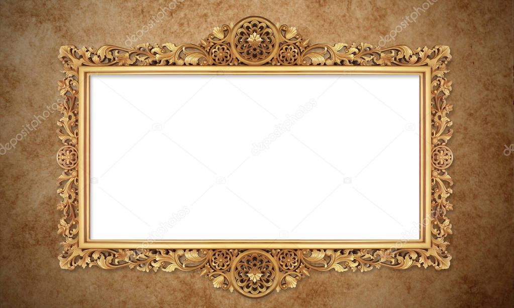 Gold Colour Antique Vintage Classic Baroque Stylish Empty Photo Painting Frame in Grunge and Retro Background for Home Interior and Garden Furniture made from Wood and Metal - Image 
