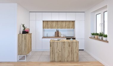 Beyaz ahşap mutfağın modern iç tasarımı, 3D çizim, 3D tasarım.