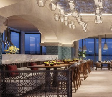 Bir restoranın modern iç tasarımı, kemerli kirişler ve mum tavan ışığı, gece sahnesi, sarı çiçekler, 3D çizim, 3D resim