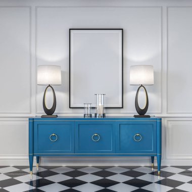 Sahte poster, yan tahta nın üstündeki resim çerçevesi, konsol