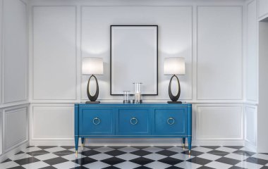 Sahte poster, yan tahta nın üstündeki resim çerçevesi, konsol