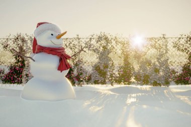 Mutlu ve neşeli kardan adam arka planda kış tatilleri, kış güneşi ve gökyüzü selamlıyor
