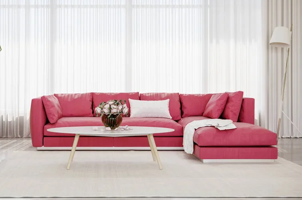 Nowoczesny Design Wnętrza Pokój Dzienny Czerwona Sofa — Zdjęcie stockowe