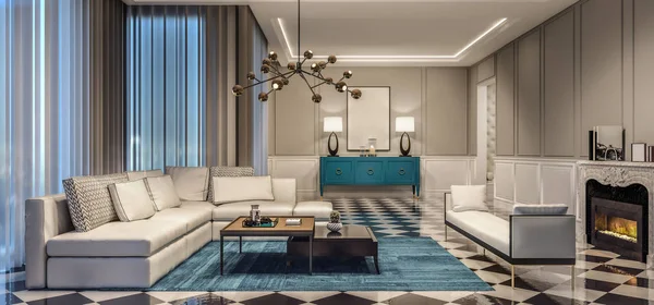 Moderna Sala Estar Diseño Interior Con Acentos Azules Azulejos Blanco — Foto de Stock
