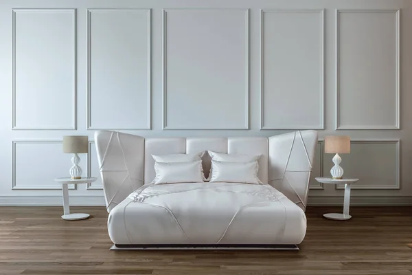 Intérieur Design Moderne Chambre Coucher Lit Satin Blanc Mur Blanc — Photo