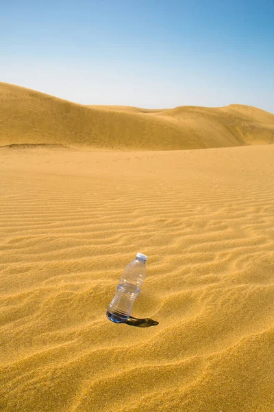 Çölün kumlarında mavi gökyüzü olan plastik bir şişe su.
