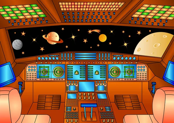 Spaceship Interior Universe View Spacecraft Control Panels Color Version — Stock Vector