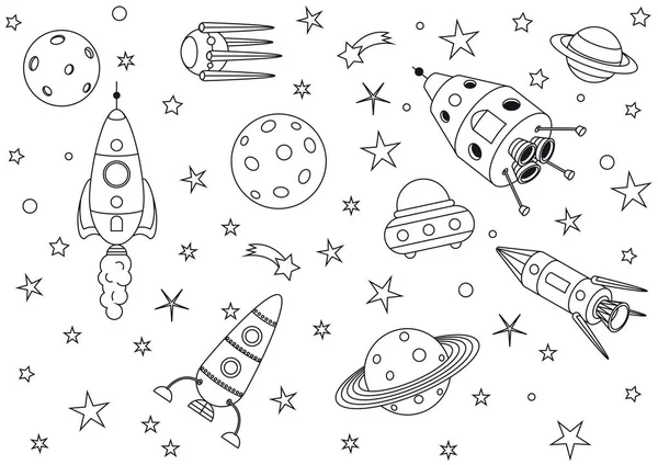 宇宙中的太空飞船 小行星和恒星 黑白背景 — 图库矢量图片