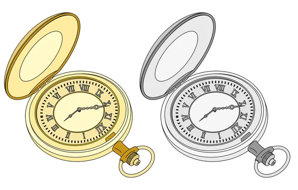 つのポケット付きヴィンテージ時計 金や銀 白の背景に分離 — ストックベクタ