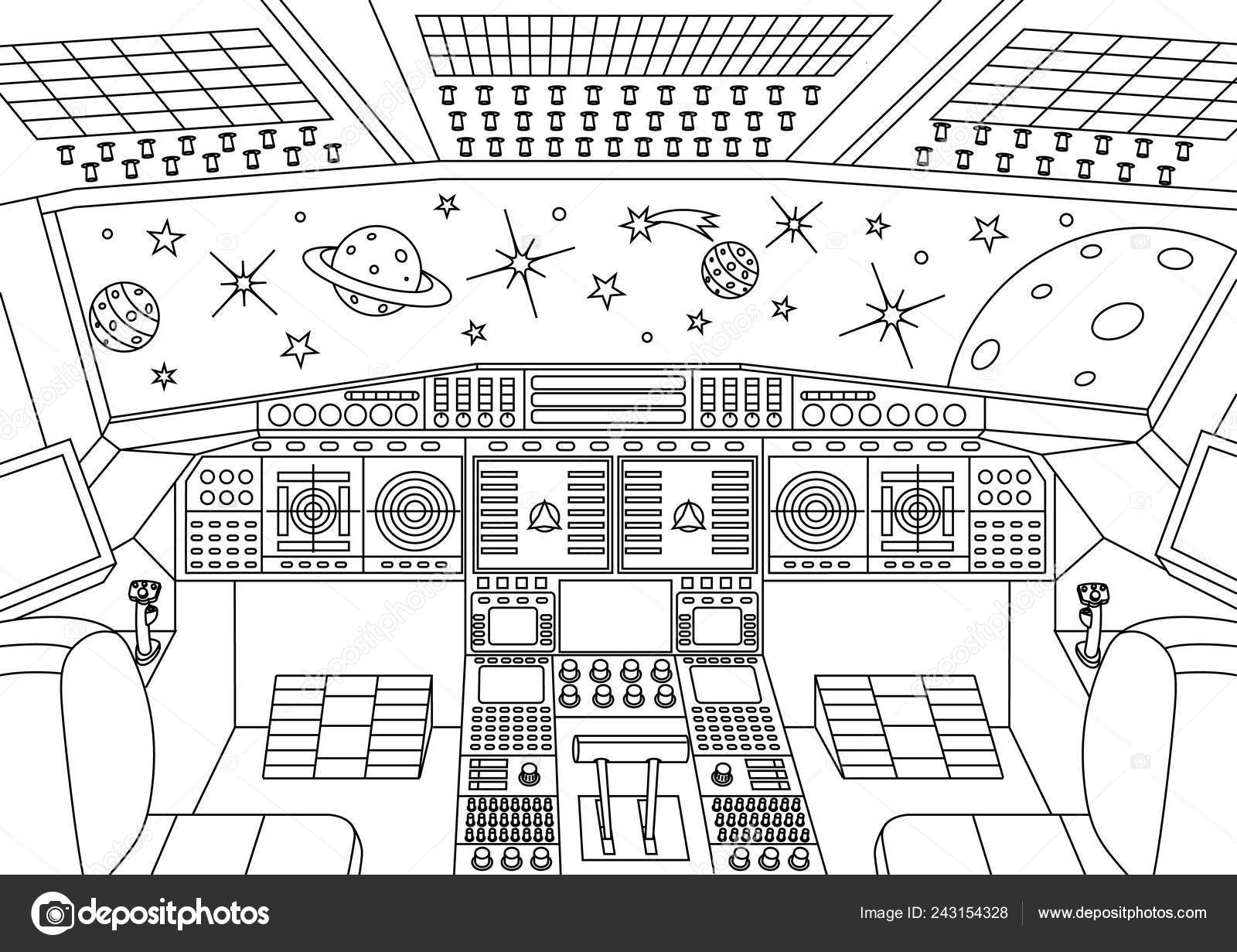 Kot Astronauta W Przestrzeni Kosmicznej W Pobliżu Statku Kosmicznego.  Ilustracja Wektorowa Dla Kolorowanka.