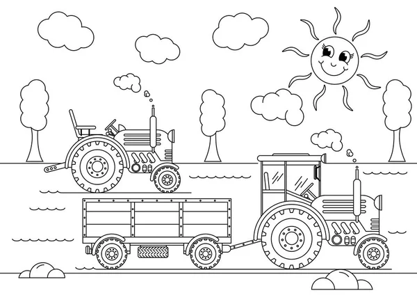 Two Tractors Countryside Coloring Book — Stock Vector