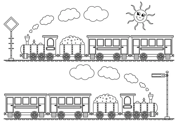 列車が ブックまたはページを着色子供に機関車をテーマにした漫画の実例 黒と白のベクトル — ストックベクタ
