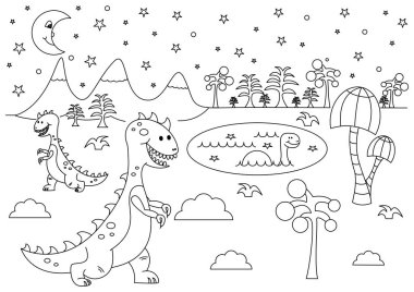 Dinozorlarla komik karikatür - Tyrannosaurus ve Brontosaurus Tarih öncesi gece manzarası. Boyama kitabı için siyah ve beyaz vektör çizim