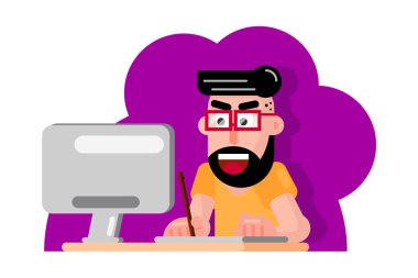 Genç sanatçı bir şey ofisteki düz tasarım vektör illüstrasyon izole beyaz arka plan üzerinde grafik tablet çizim