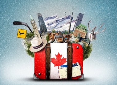 Canada, retro suitcase with hat and canadian attractions clipart