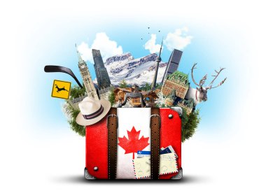 Canada, retro suitcase with hat and canadian attractions clipart