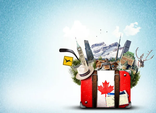 加拿大 带帽子和加拿大景点的复古手提箱 — 图库照片