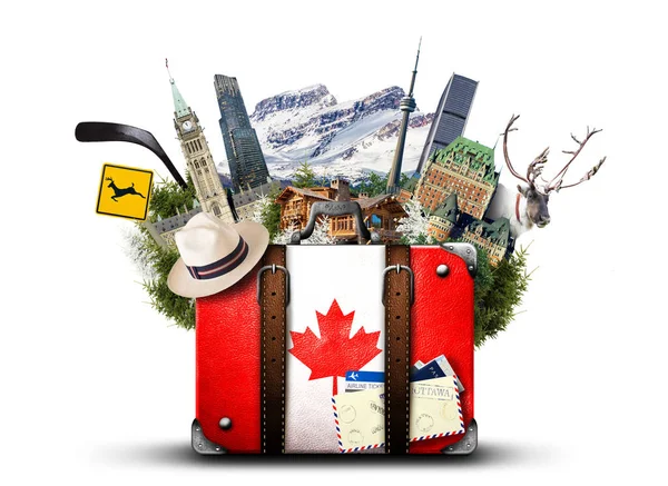Καναδά Ρετρό Βαλίτσα Καπέλο Και Καναδική Αξιοθέατα — Φωτογραφία Αρχείου