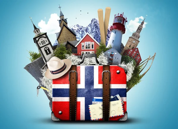 Norvège Valise Rétro Avec Chapeau Attractions Norvégiennes — Photo