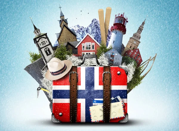 Νορβηγία Ρετρό Βαλίτσα Καπέλο Και Νορβηγικά Αξιοθέατα — Φωτογραφία Αρχείου