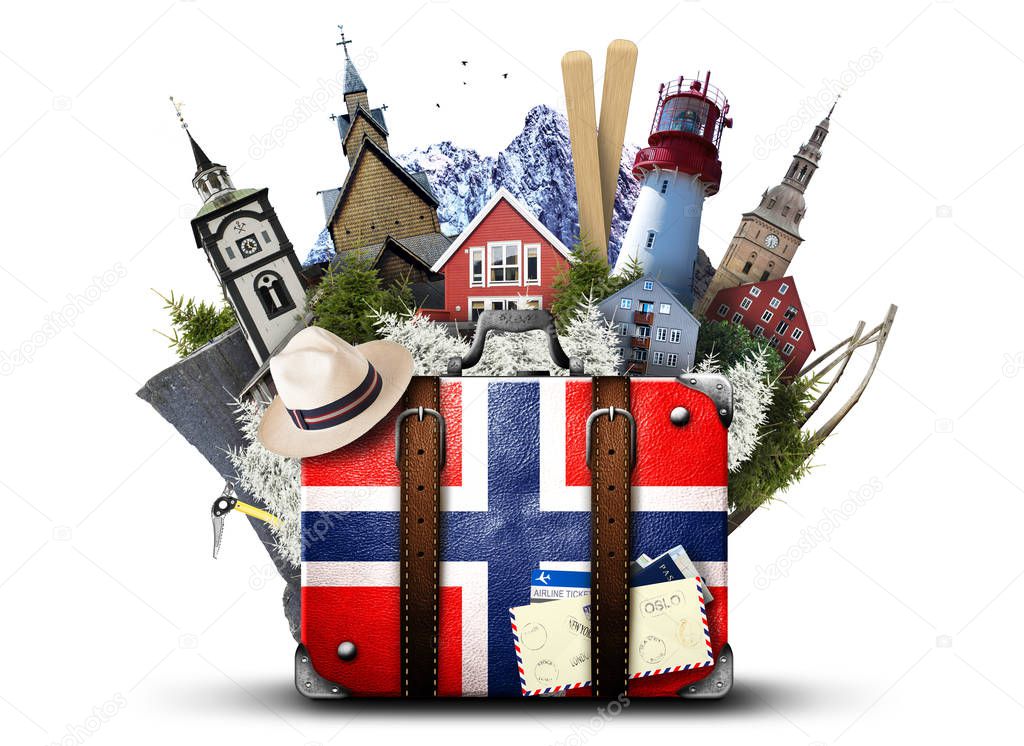 Norway, retro suitcase with hat and Norwegian attractions