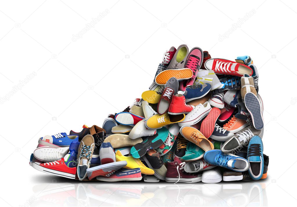 Large sneaker made up of small sneakers and shoes