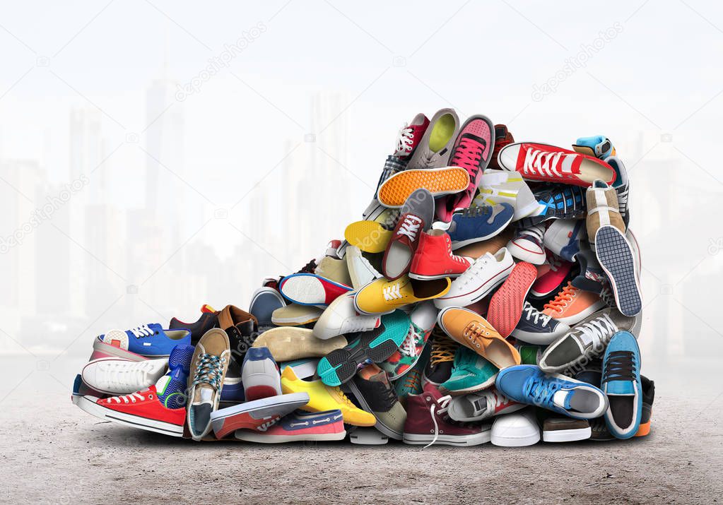 Large sneaker made up of small sneakers and shoes