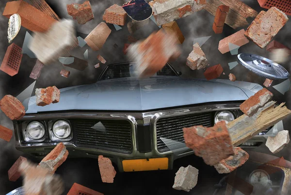 Collage Car Grunge Style Brick Wall — Stock Photo, Image